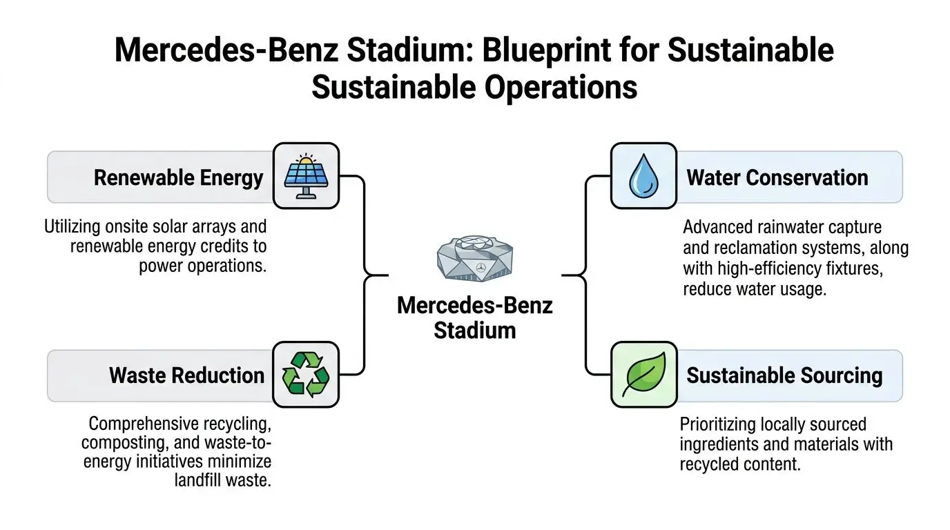 An infographic showing the four sustainable initiatives of the Mercedes-Benz Stadium including energy, water, waste, and sourcing.