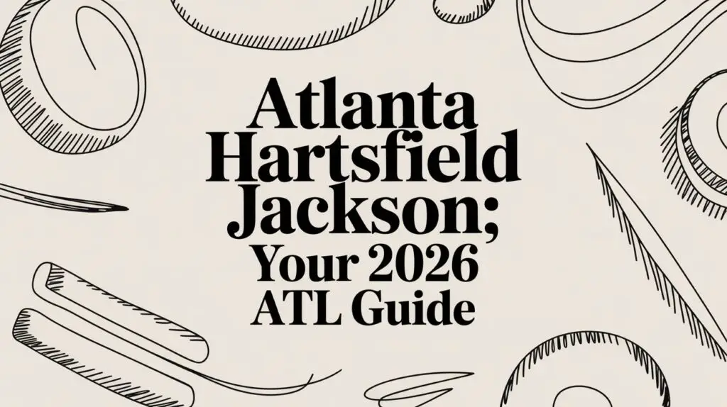 Text reads &ldquo;Atlanta Hartsfield Jackson; Your 2026 ATL Guide&rdquo; in bold black letters on a light background, surrounded by abstract black line drawings of circles and curves.