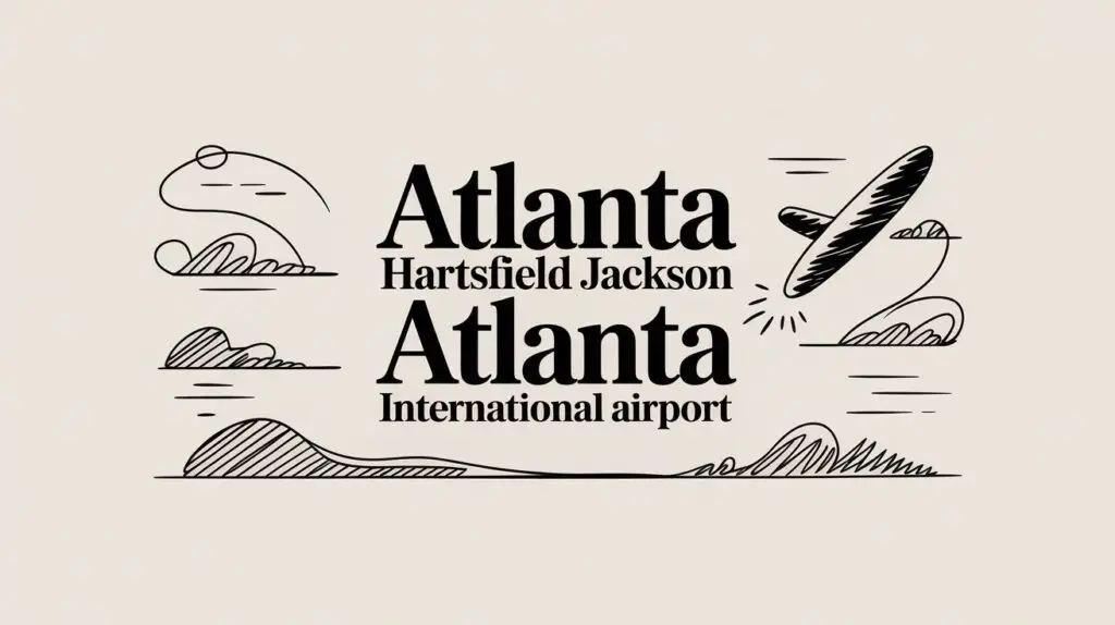 Illustrated text reading &ldquo;Atlanta Hartsfield Jackson Atlanta International Airport,&rdquo; with hand-drawn clouds, hills, and an airplane taking off in the top right corner.