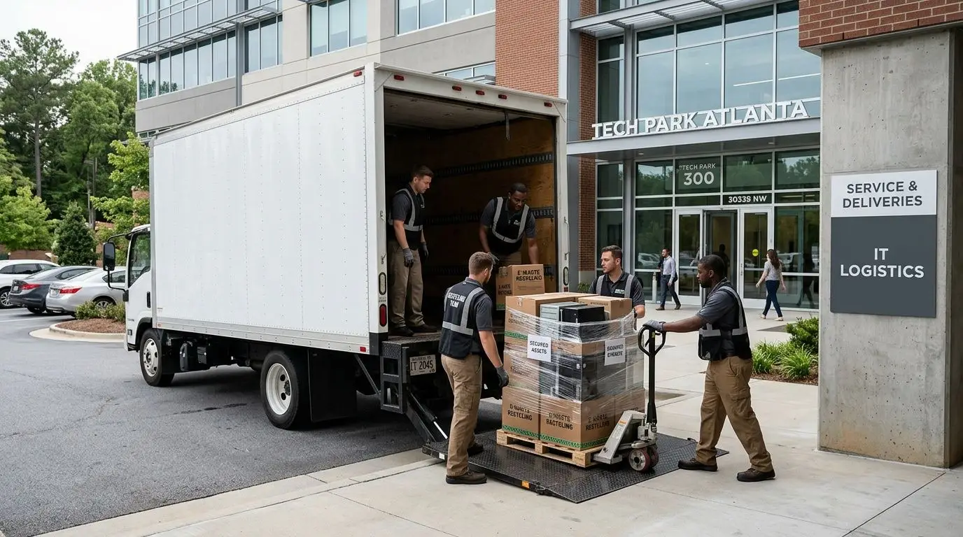 A team of professional movers unloading computer equipment from a white delivery truck at a tech park building.
