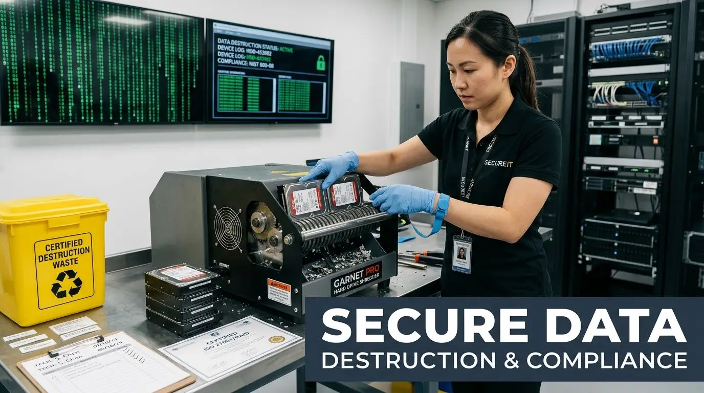A technician wearing blue gloves inserts hard drives into a shredder for secure data destruction and compliance.