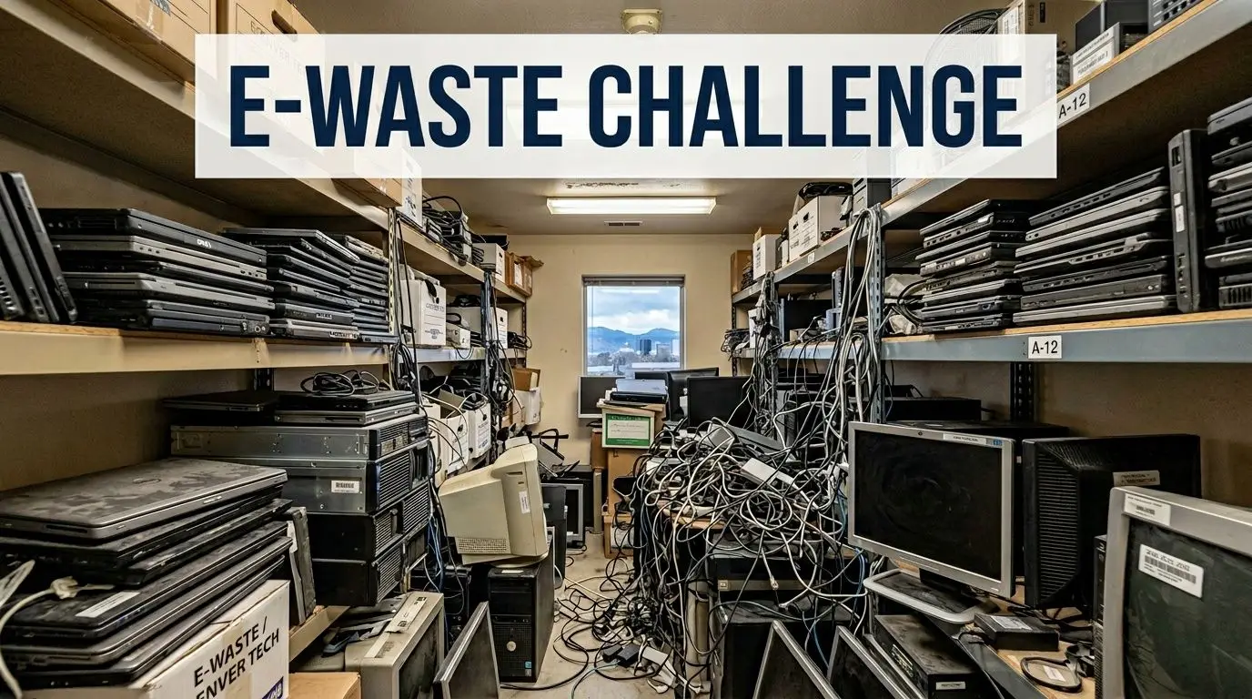 A cluttered storage room filled with stacks of old laptops, monitors, tangled cables, and electronic waste equipment.
