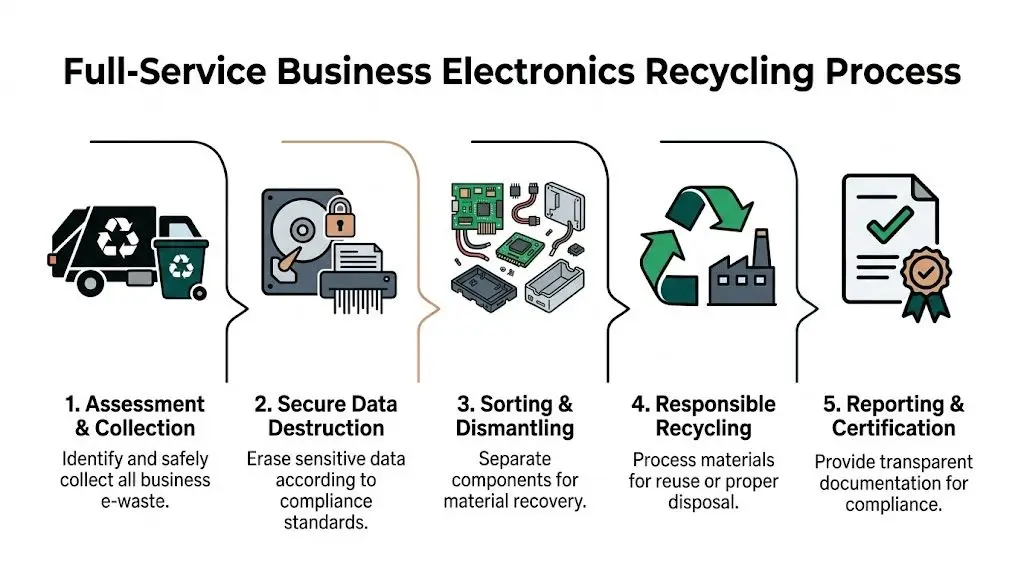 A five-step infographic showing the full-service business electronics recycling process from collection to final certification.