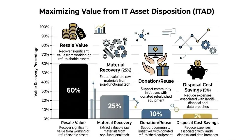 A bar chart illustrating value recovery percentages from IT asset disposition, including resale, material recovery, donation, and savings.
