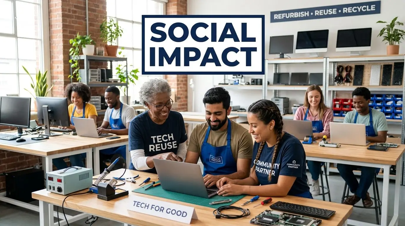 A diverse group of volunteers working together on tech electronics recycling projects in a bright workshop.