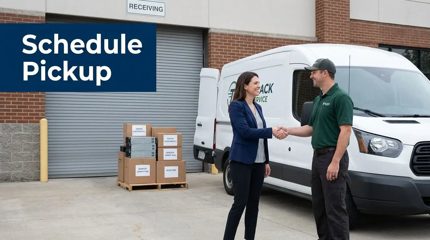A professional woman shaking hands with a logistics driver near a delivery van and electronic recycling equipment.