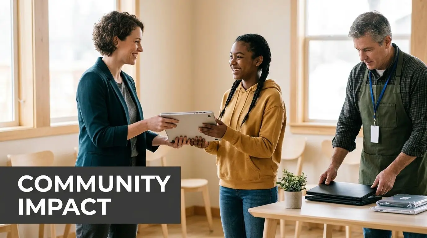 A professional woman hands a laptop to a young girl while a volunteer assists with electronics recycling.