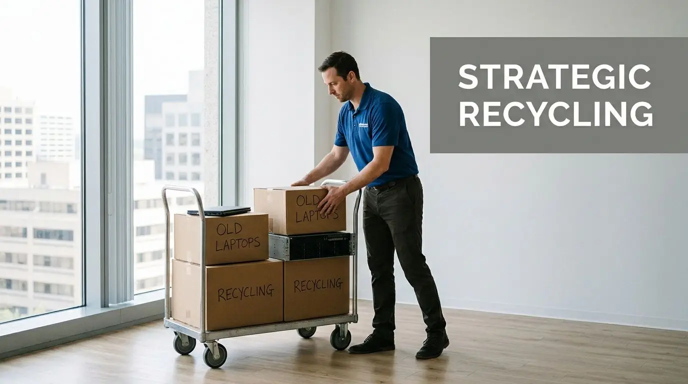 A professional service worker moving boxes labeled as old laptops and recycling on a metal cart.