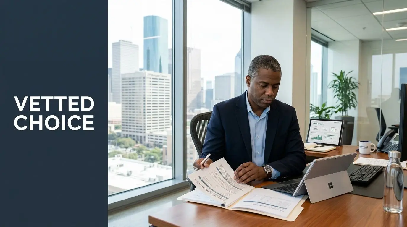 A professional man reviewing business documents at his desk in an office overlooking the Houston skyline.