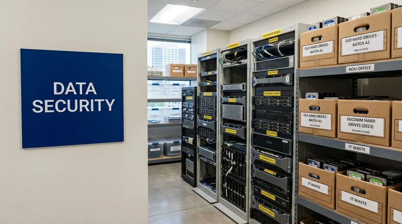 A server room with data security signage, organized hardware racks, and boxes of decommissioned hard drives.