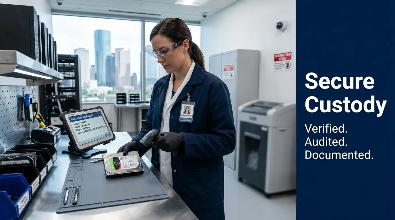 A technician wearing a lab coat and safety glasses scans a hard drive at a secure facility.
