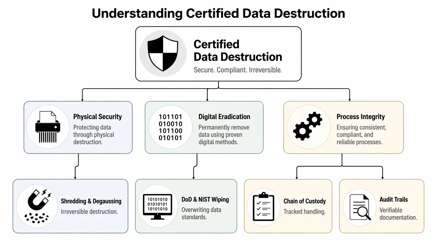 A flowchart explaining the key components of certified data destruction including physical security, digital eradication, and process integrity.
