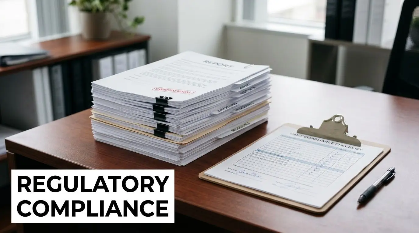 A stack of confidential reports and a daily compliance checklist on a professional wooden office desk.