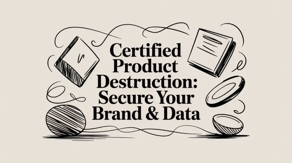 Text graphic reads "Certified Product Destruction: Secure Your Brand & Data," surrounded by hand-drawn geometric shapes and decorative lines on a light background.