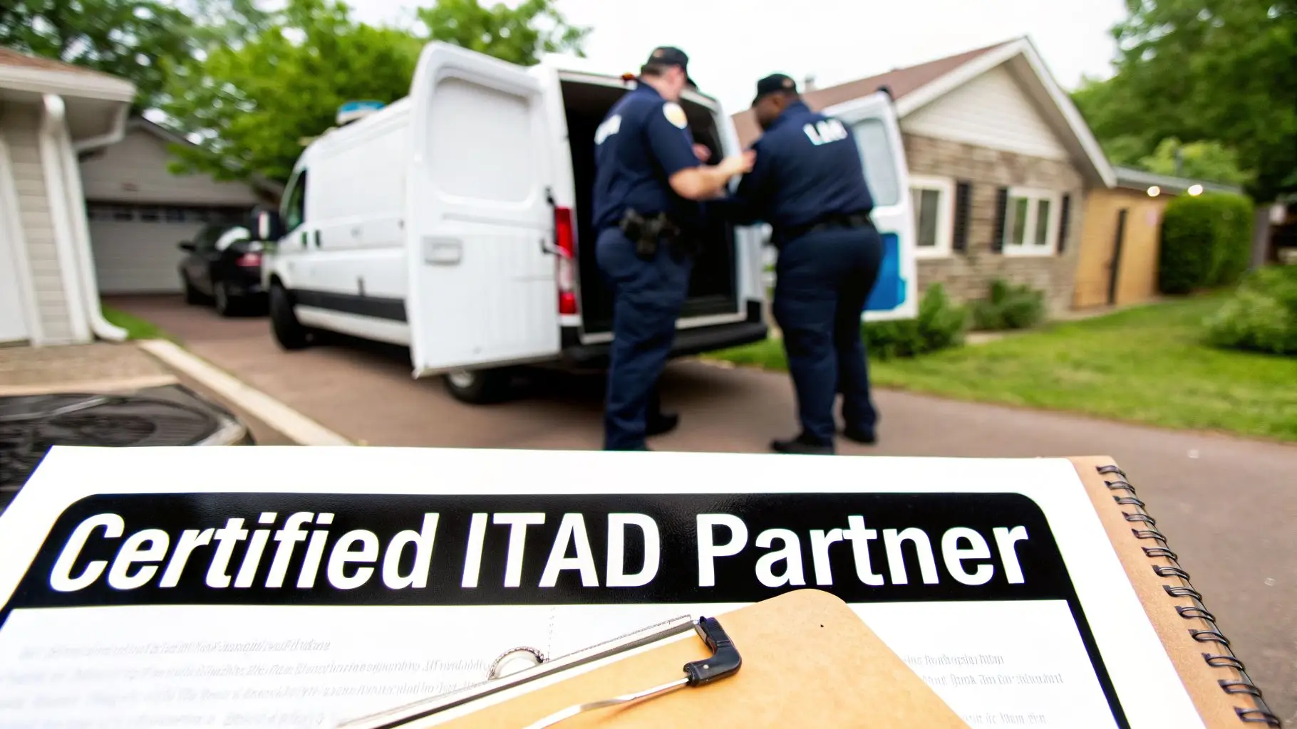 Two uniformed men near a white van, with a document reading 'Certified ITAD Partner' in the foreground.