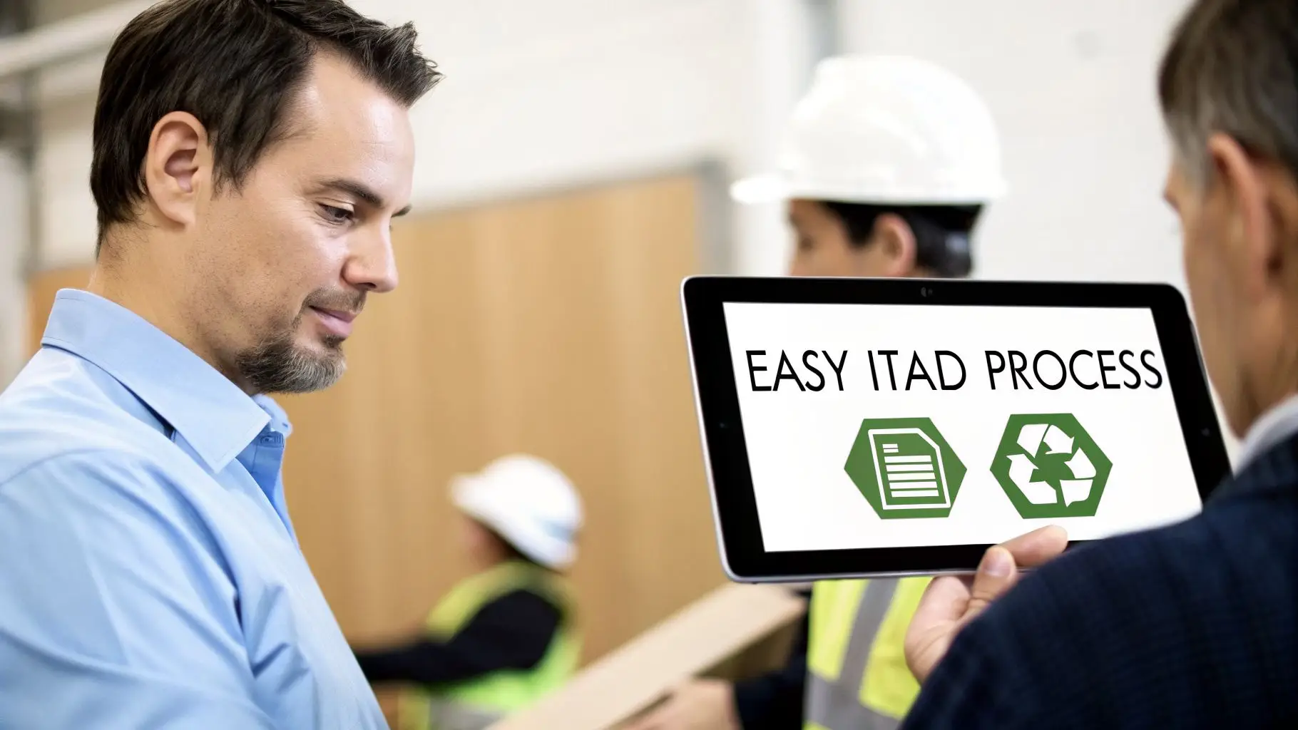 Two men look at a tablet showing "EASY ITAD PROCESS" with document and recycling symbols, while a third works in the background.