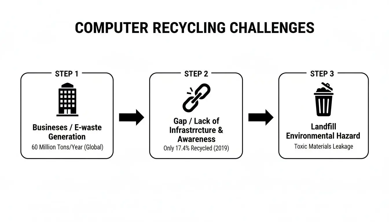 A diagram illustrating the global computer recycling challenges: e-waste generation, infrastructure gap, and landfill hazards.