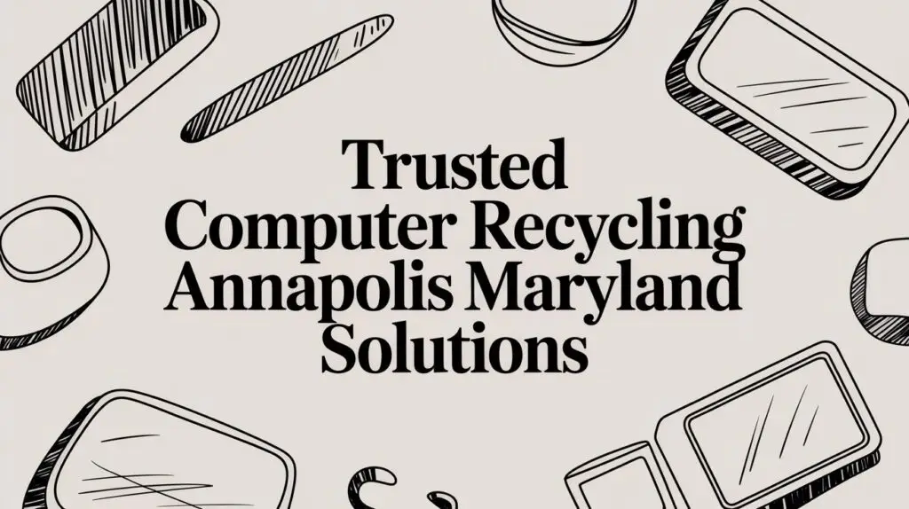 The text "Trusted Computer Recycling Annapolis Maryland Solutions" is centered, surrounded by hand-drawn outlines of electronic devices on a light background.