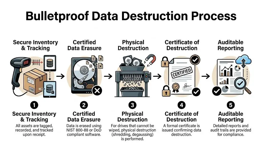 A five-step infographic illustrating a secure bulletproof data destruction process for IT asset recycling and disposal.