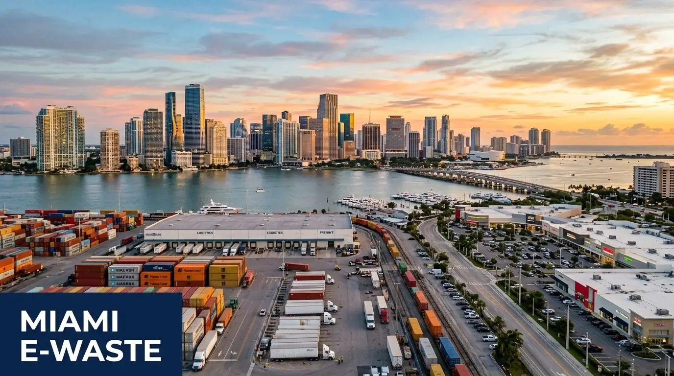 An aerial view of the Miami city skyline during sunset with a busy shipping logistics terminal in foreground.