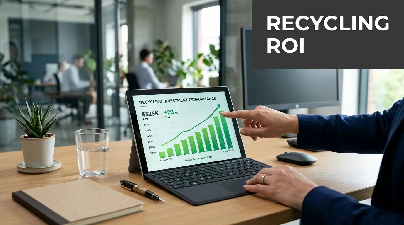 A professional analyzing a rising graph on a tablet screen labeled Recycling Investment Performance in an office.