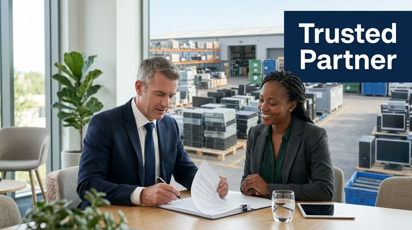 A professional man and woman signing a business agreement in a office overlooking an electronics recycling warehouse.