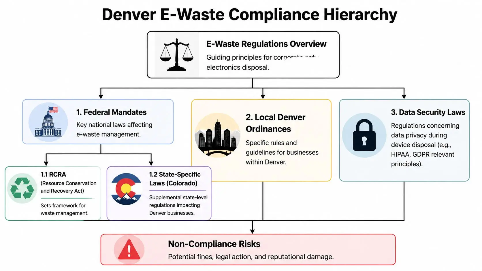A flow chart outlining the Denver E-Waste Compliance Hierarchy for businesses, including federal, state, and local regulations.