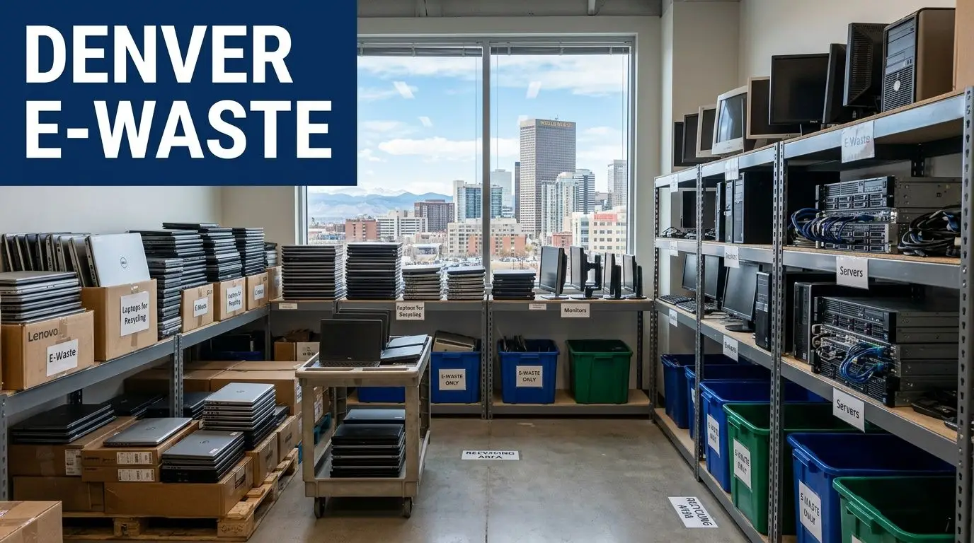 Shelves filled with organized stacks of laptops, monitors, and servers at a Denver electronics recycling facility.
