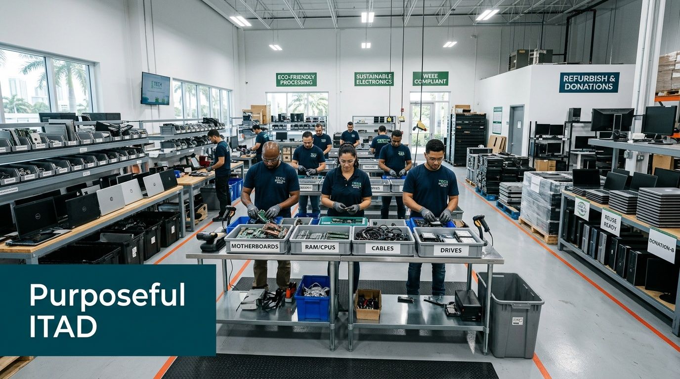 A professional team working in a modern warehouse environment processing and refurbishing corporate IT hardware and electronics.