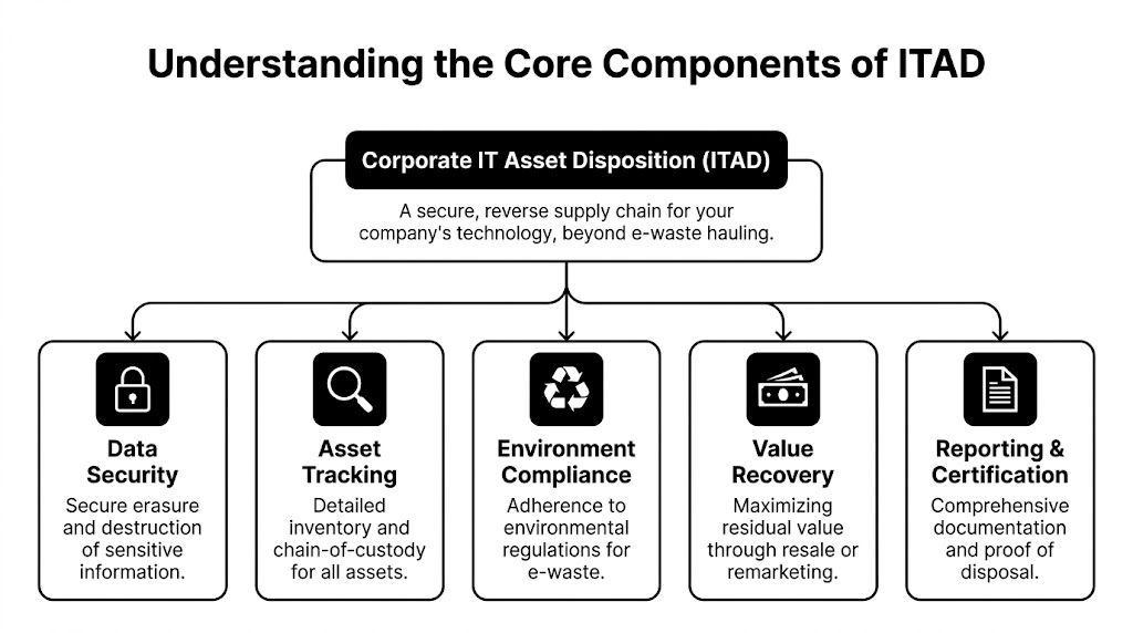 A flowchart diagram explaining the five core components of corporate IT asset disposal services and security.