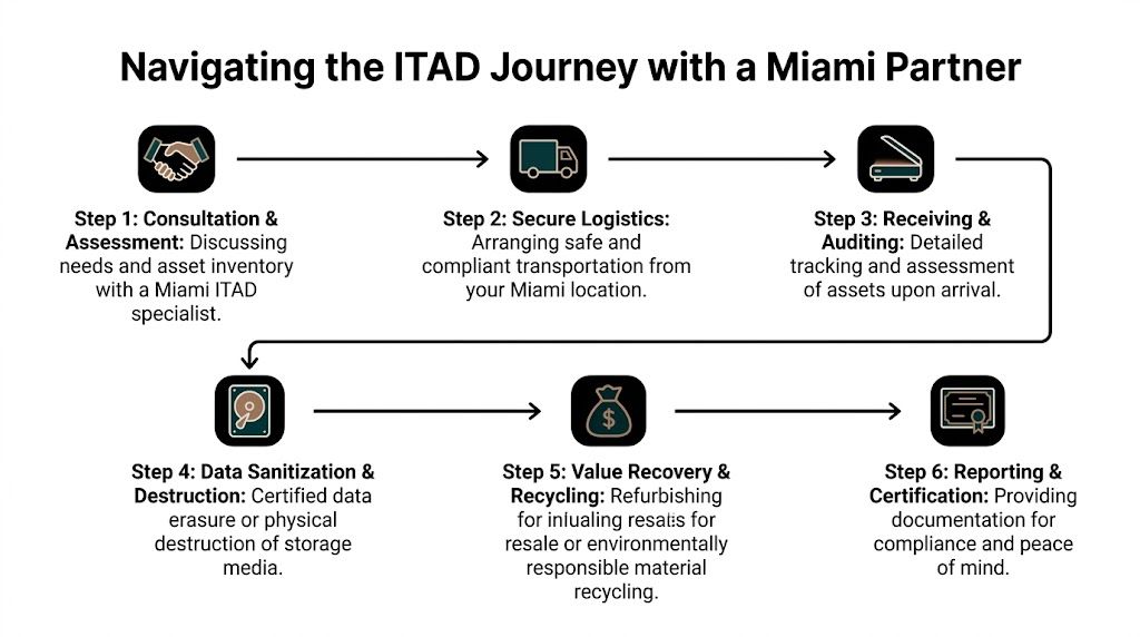 A six-step infographic illustrating the corporate IT asset disposal process with a Miami specialist partner.