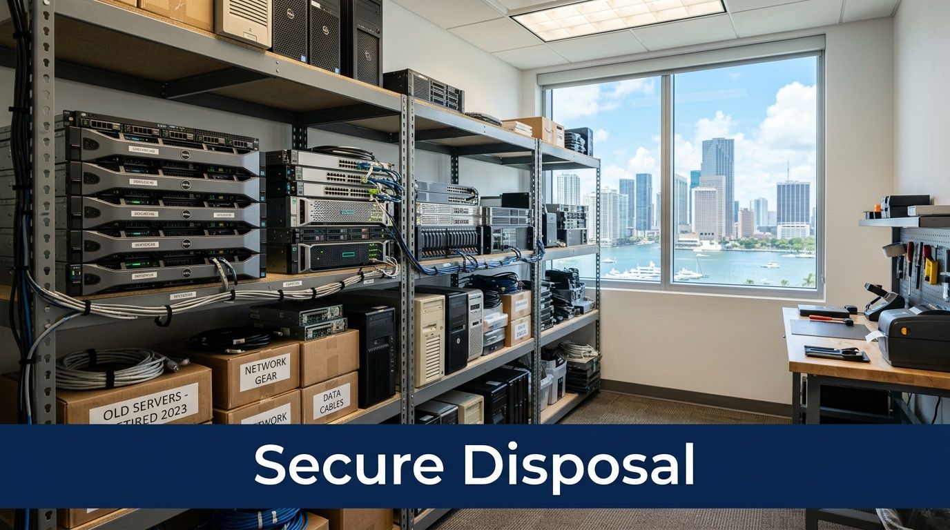 An organized office server room with equipment racks, IT hardware, and a view of the Miami skyline.