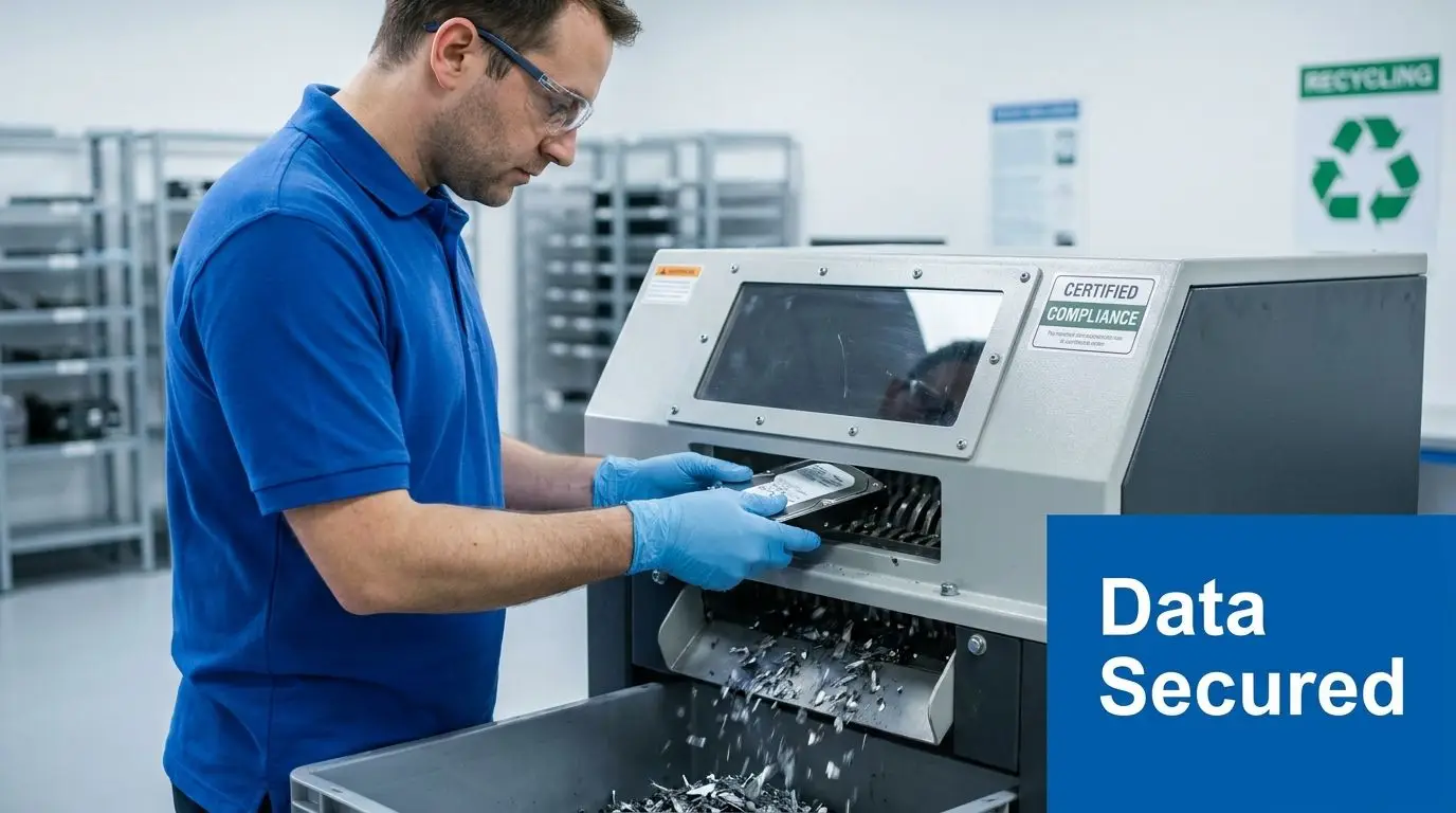 A professional technician wearing protective gear shreds a hard drive to ensure secure data destruction and recycling.