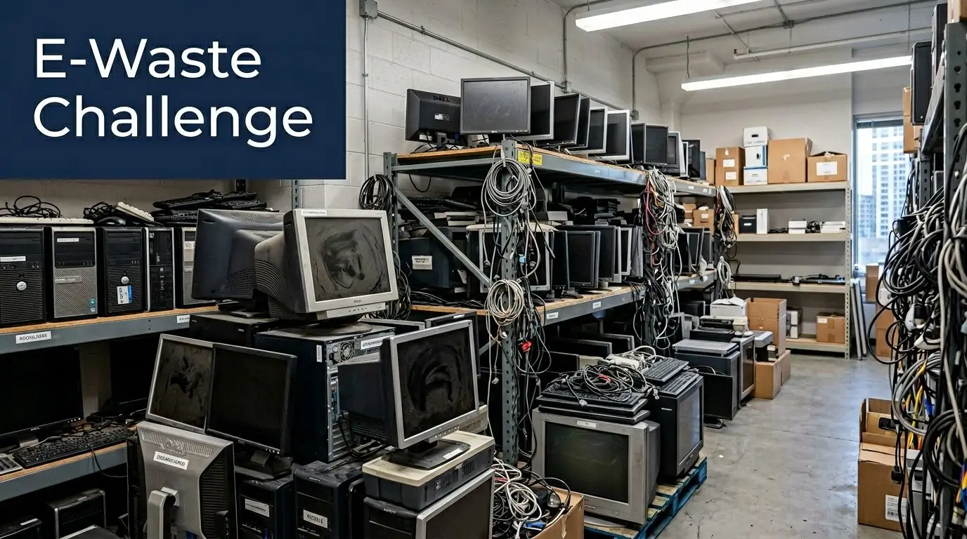 A storage room filled with old computer monitors, towers, and tangled cables for electronic waste recycling.