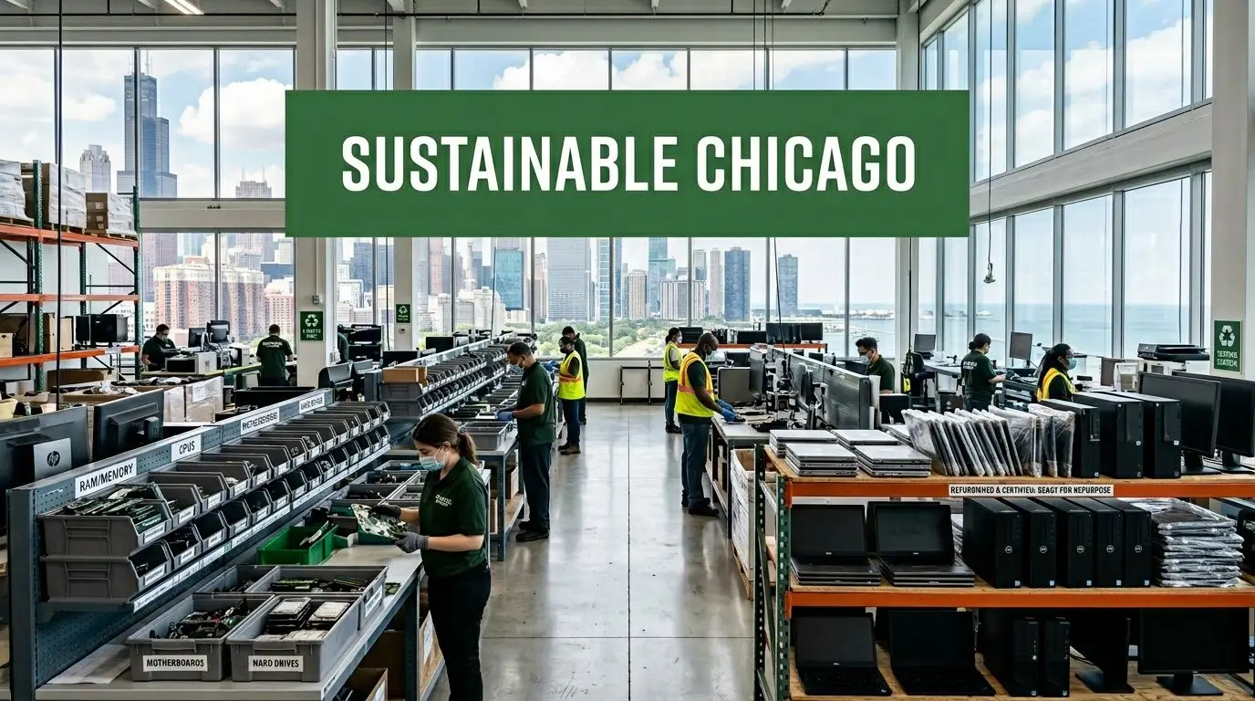 Workers in a modern facility in Chicago sorting and refurbishing recycled electronic components and computer equipment.