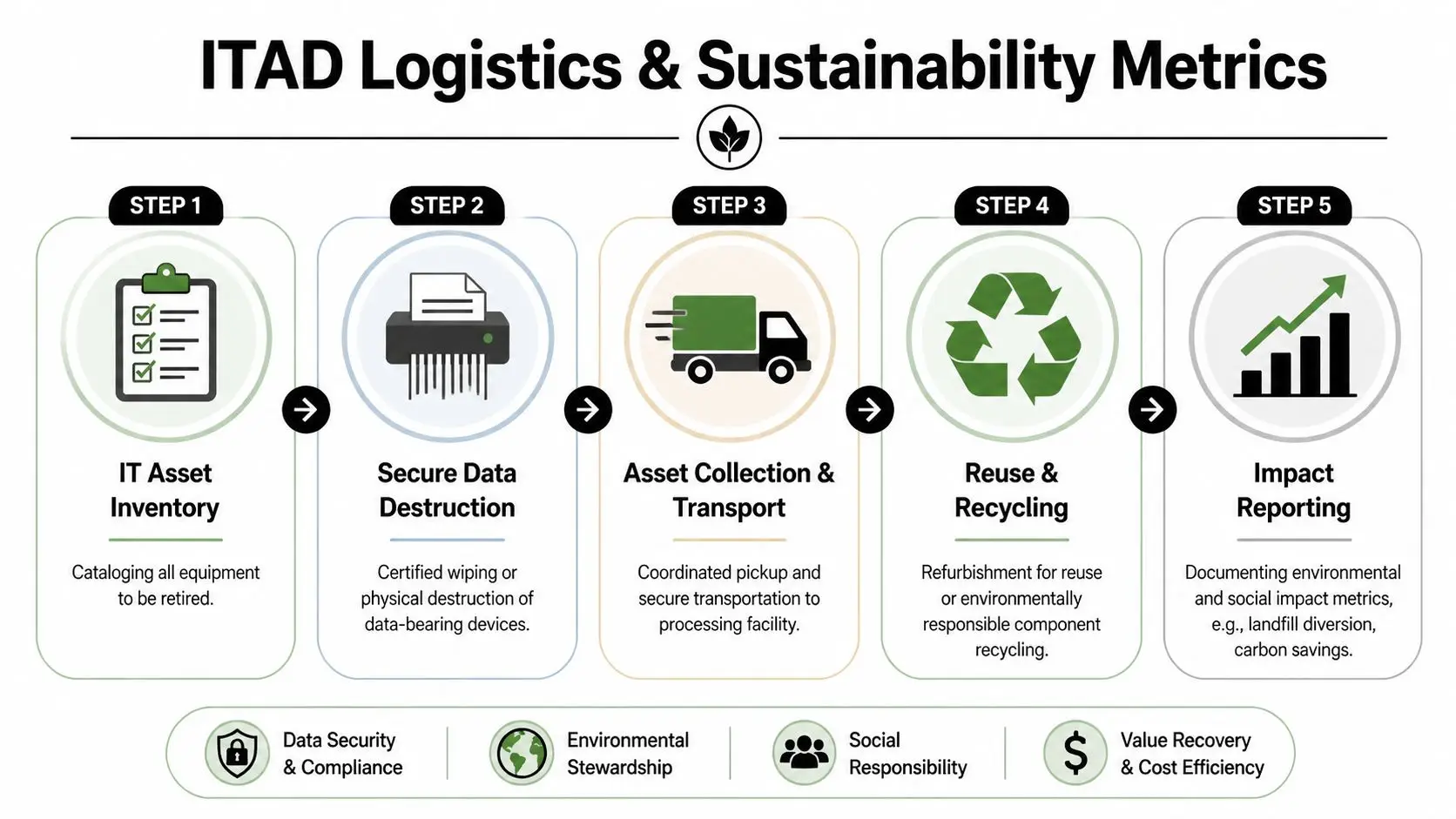 A five-step flowchart illustrating IT Asset Disposition logistics including inventory, data destruction, transport, recycling, and impact reporting.