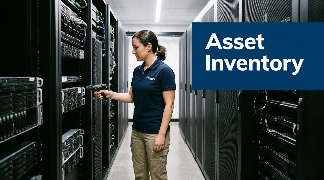 Woman in data center scanning server racks for asset inventory, emphasizing equipment management.