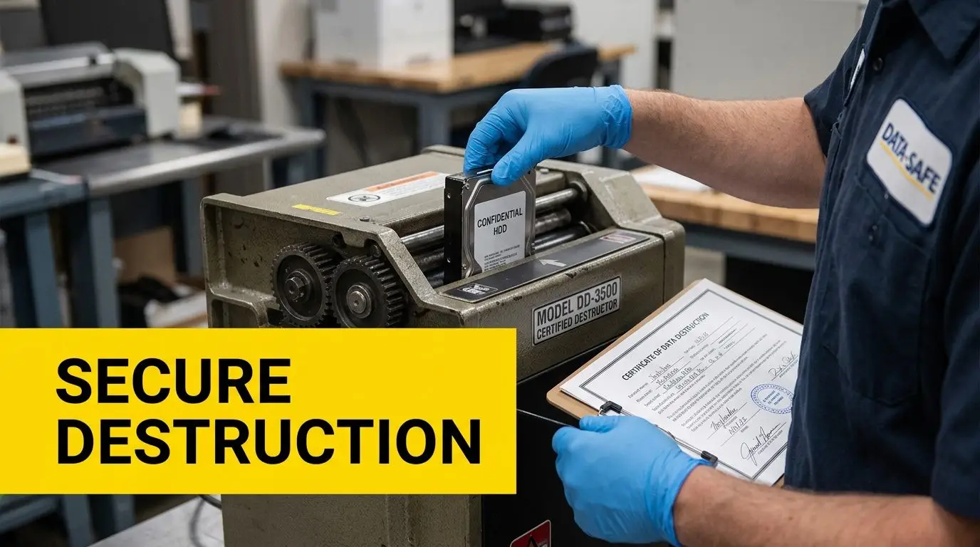 A technician wearing blue gloves inserts a confidential hard drive into a data destruction machine while holding a certificate.