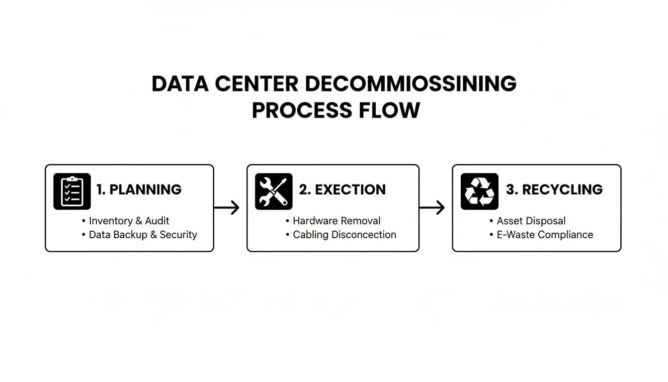 A three-step process flow diagram illustrating data center decommissioning, including planning, execution, and recycling stages.