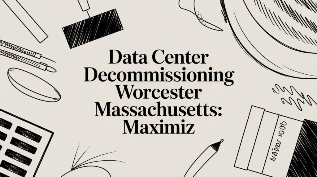 Text reads "Data Center Decommissioning Worcester Massachusetts: Maximiz" surrounded by black and white sketches of office items including a notepad, pen, tape, push pin, and paper clip.