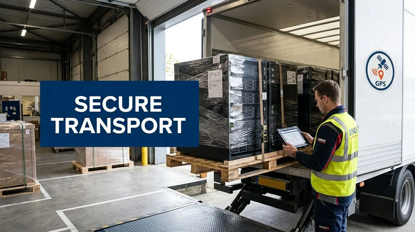 Worker in a high-vis vest loading secure server racks onto a truck at a loading dock.