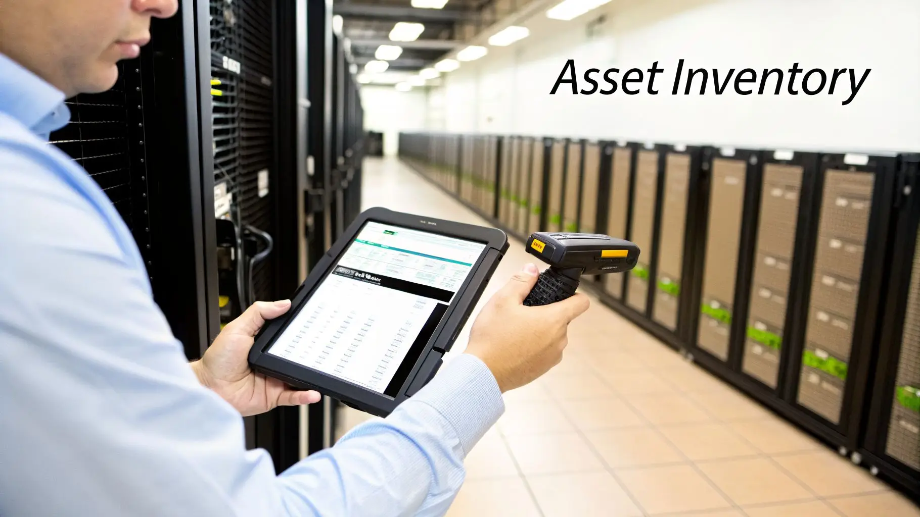 A person uses a tablet and barcode scanner to perform asset inventory in a data center.