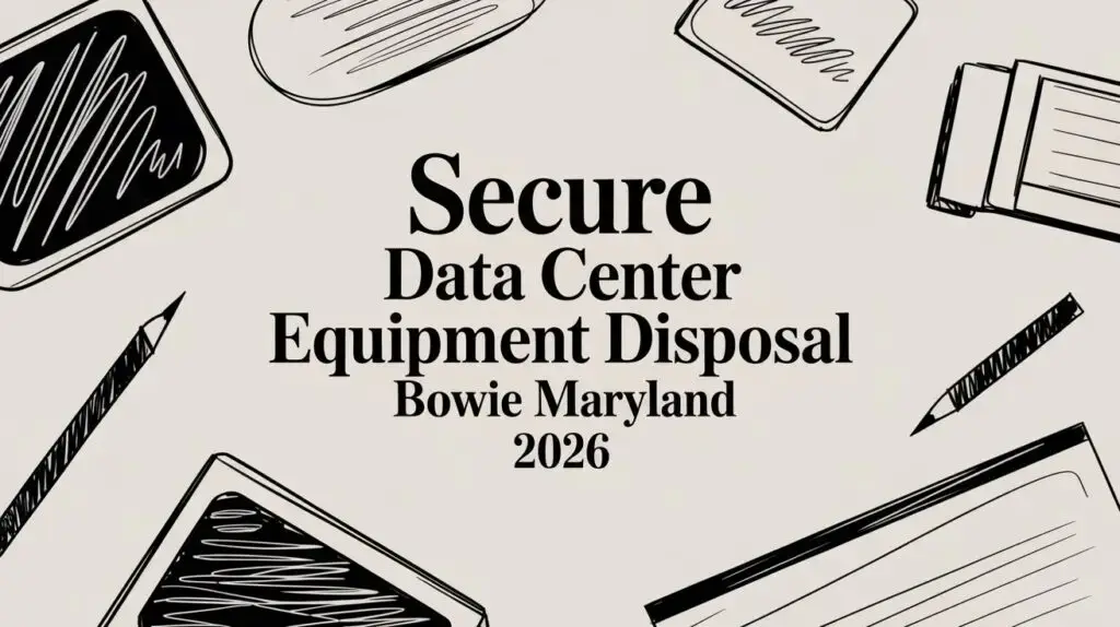 Text reads "Secure Data Center Equipment Disposal Bowie Maryland 2026" surrounded by sketched rectangles and pen lines on a beige background.