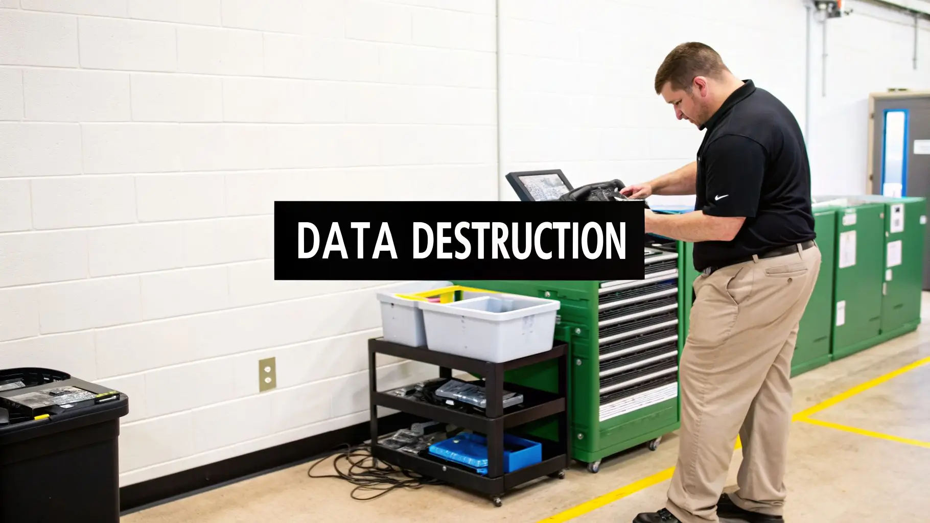 A man in a facility processing electronics for data destruction, with bins on a cart.