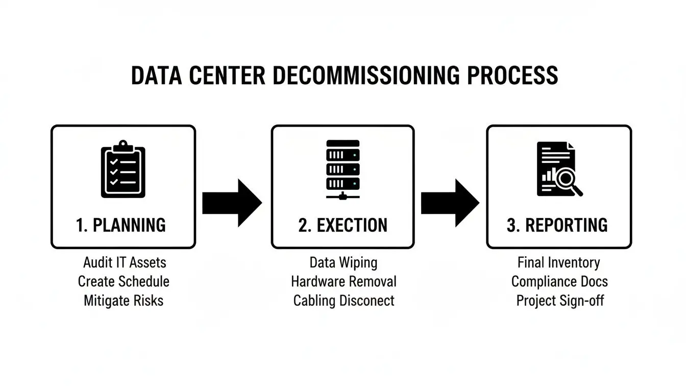 An infographic illustrating the three-step data center decommissioning process: planning, execution, and reporting.