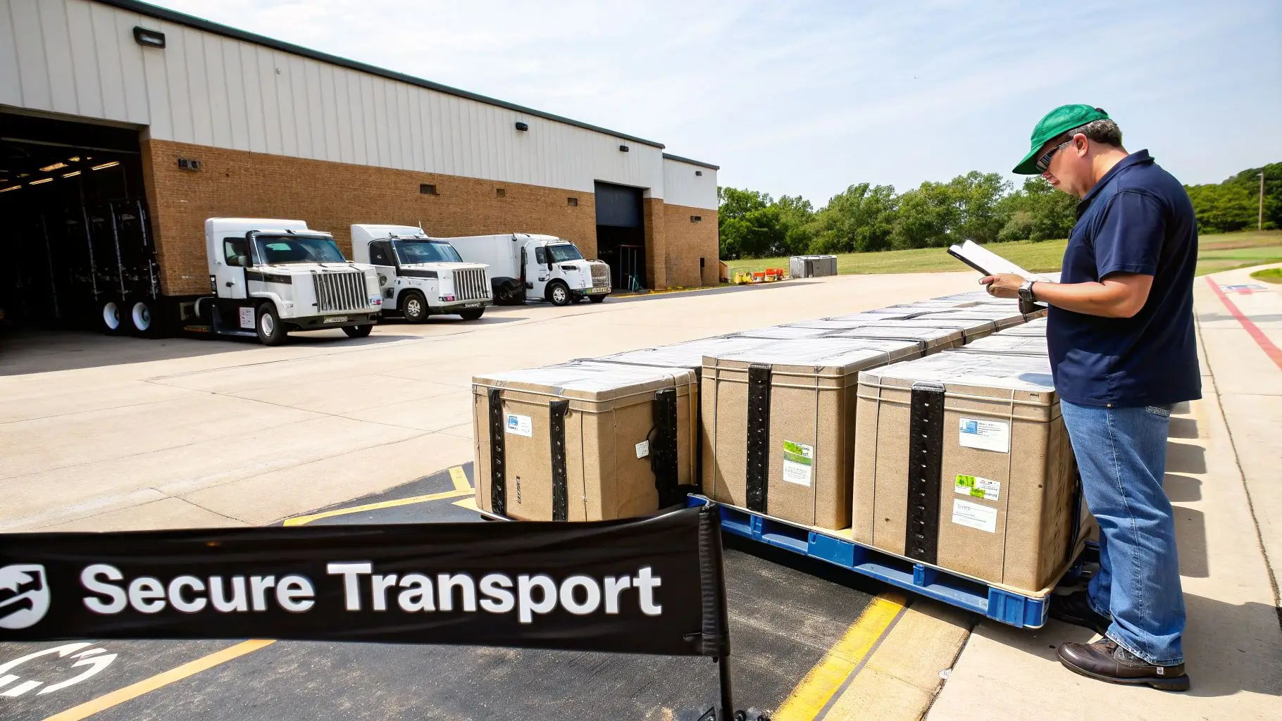 A man in a green cap inspects secure transport containers on pallets outside a building with armored trucks.
