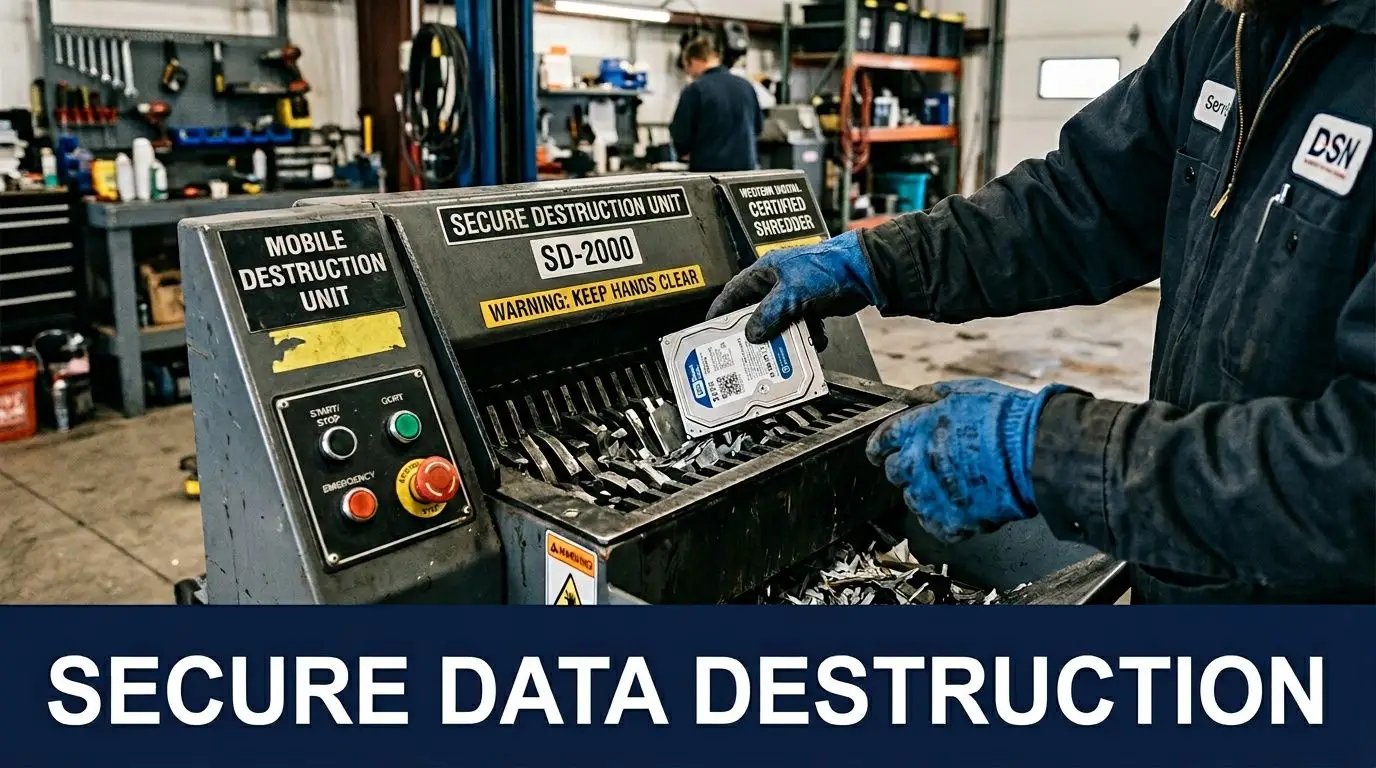 A person in gloves inserting a hard drive into a secure data destruction shredder in a workshop.
