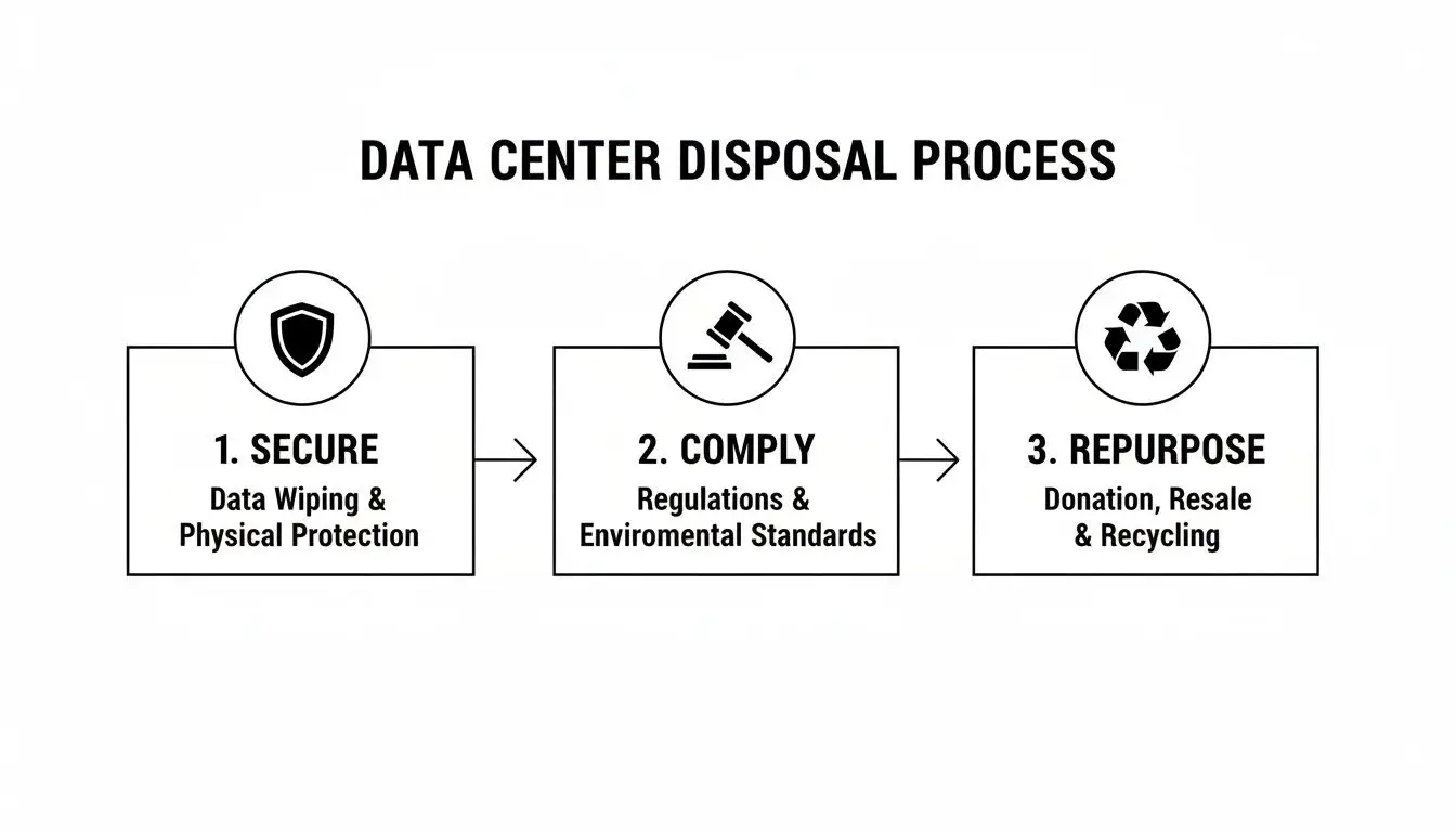 Diagram illustrating the three-step data center equipment disposal process: Secure, Comply, and Repurpose.