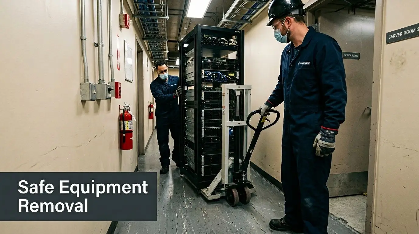 Two masked technicians safely move a server rack with a pallet jack in a data center hallway.