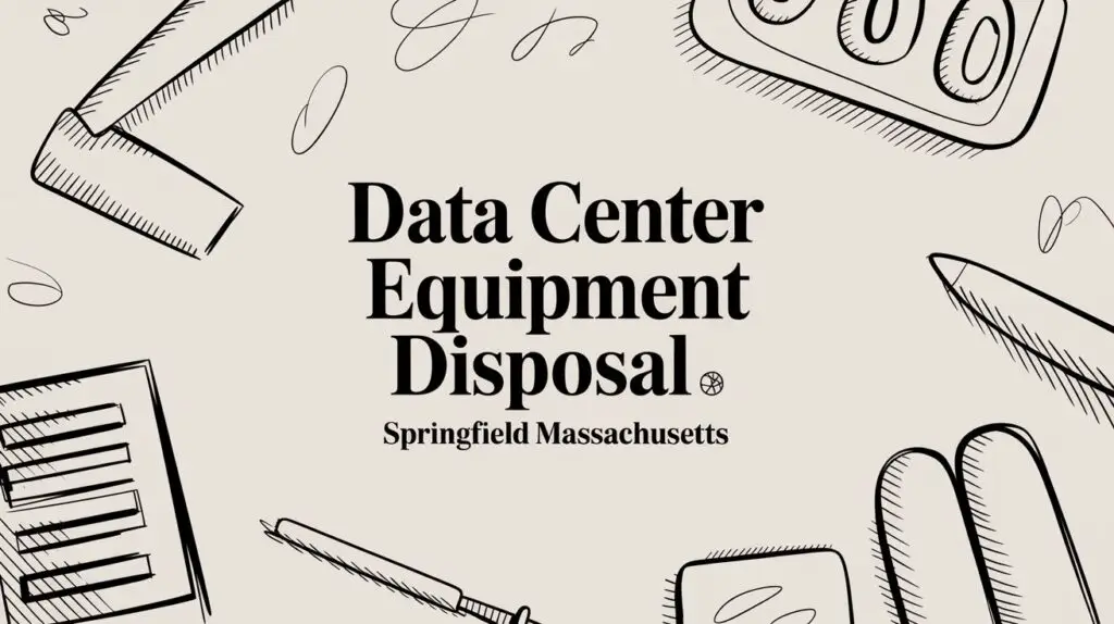 The text "Data Center Equipment Disposal, Springfield Massachusetts" is centered on a beige background with black line drawings of tech equipment like keyboards, circuit boards, and cables around the edges.